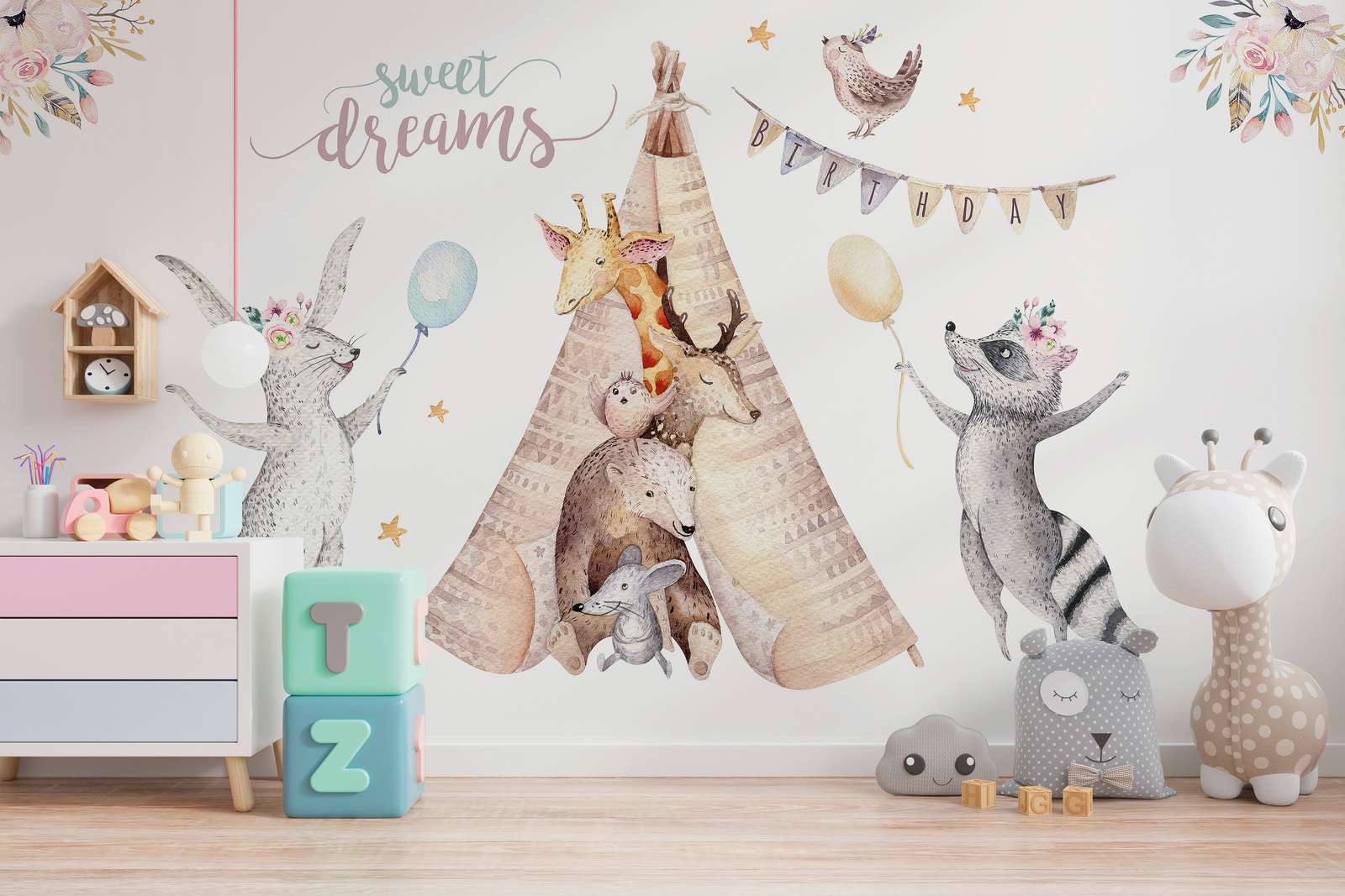             Fototapete Kinderzimmer Tiere bei einer Geburtstagsparty – Beige, Grau, Bunt
        