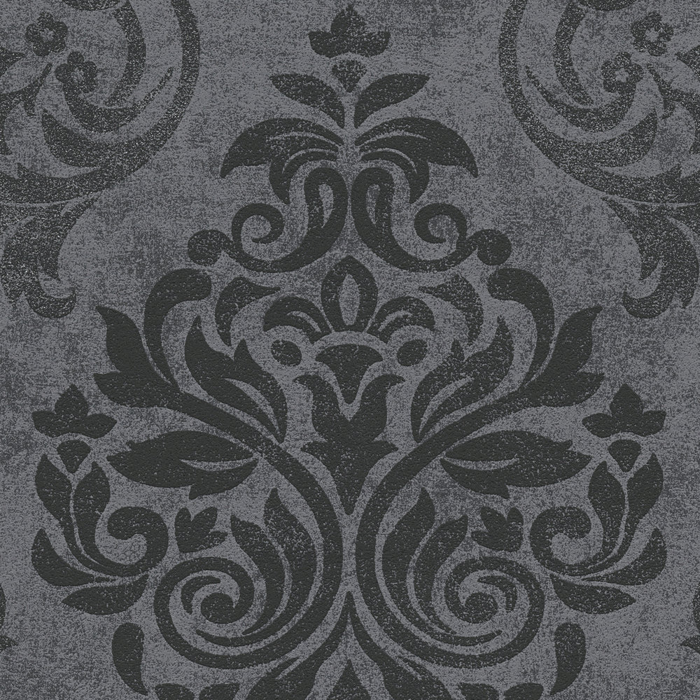             Barock Ornament Tapete mit Strukturmuster im Used Look – Schwarz
        