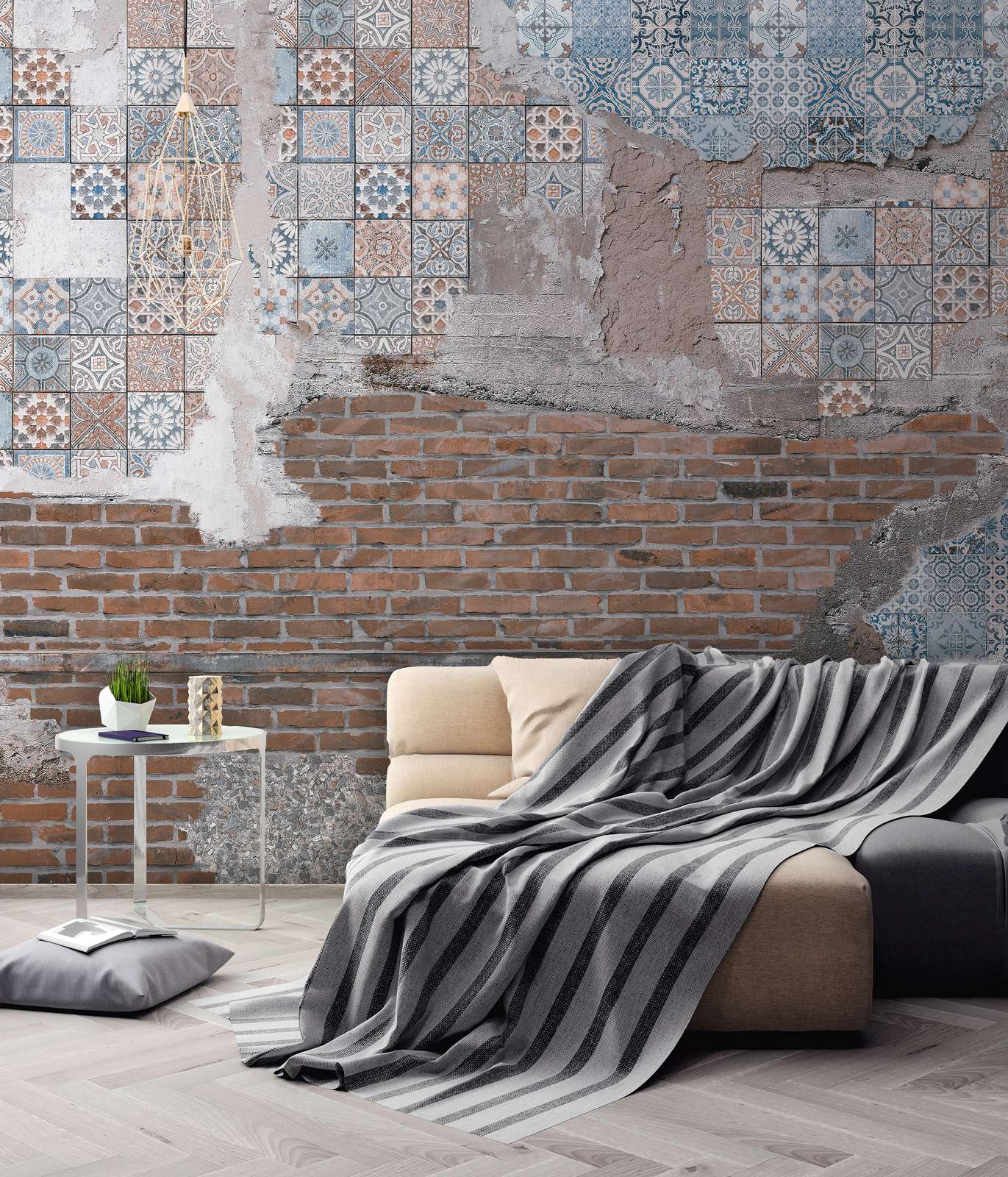             Fototapete Backsteinmauer mit verputzten Mosaiksteinen – Braun, Blau, Grau
        