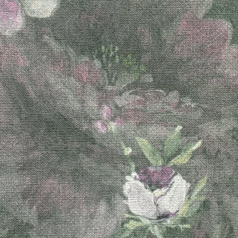             Vliestapete mit gemaltem Blumenmuster PVC-frei – Grün, Weiß, Rosa
        