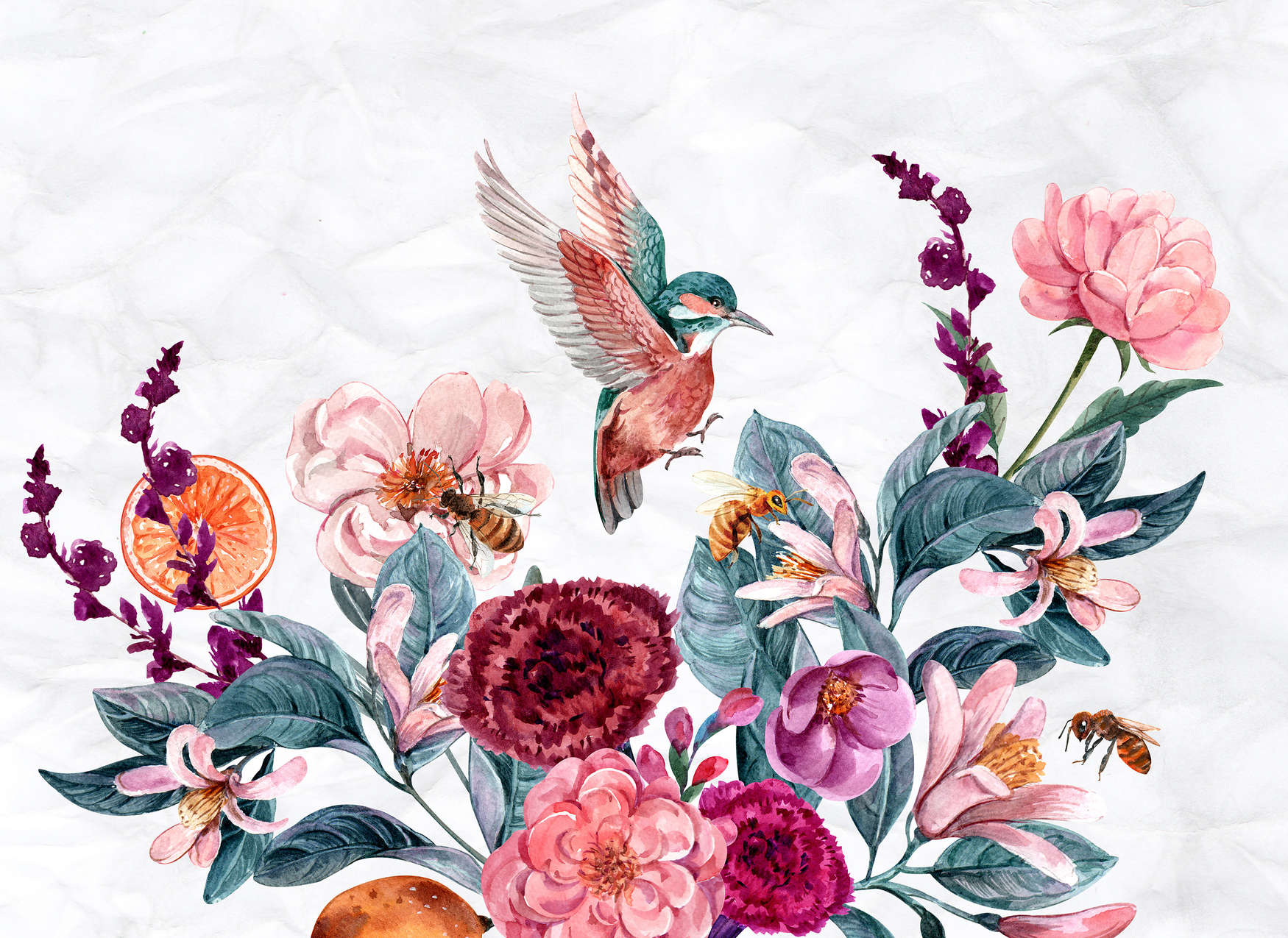             Fototapete Blumen & Vögel auf 3D Hintergrund – Rosa, Grün, Weiß
        