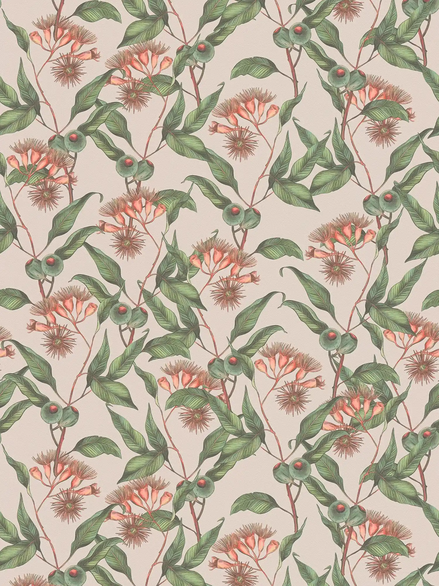 Moderne Tapete im floralen Stil mit Blättern & Blüten strukturiert matt – Beige, Grün, Rot
