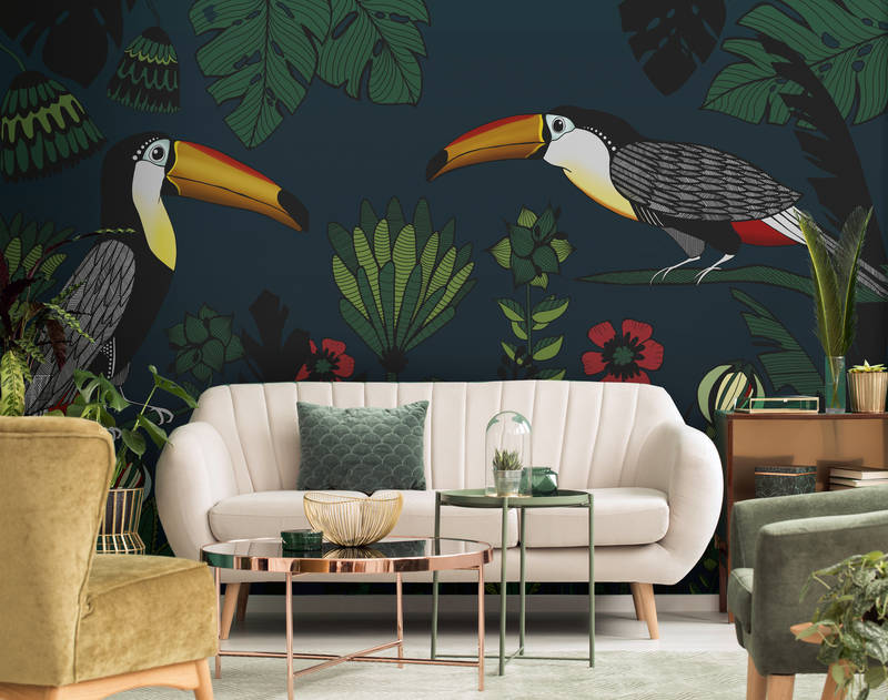 Raumbild Fototapete Dschungel Muster mit Vögeln im Zeichenstil