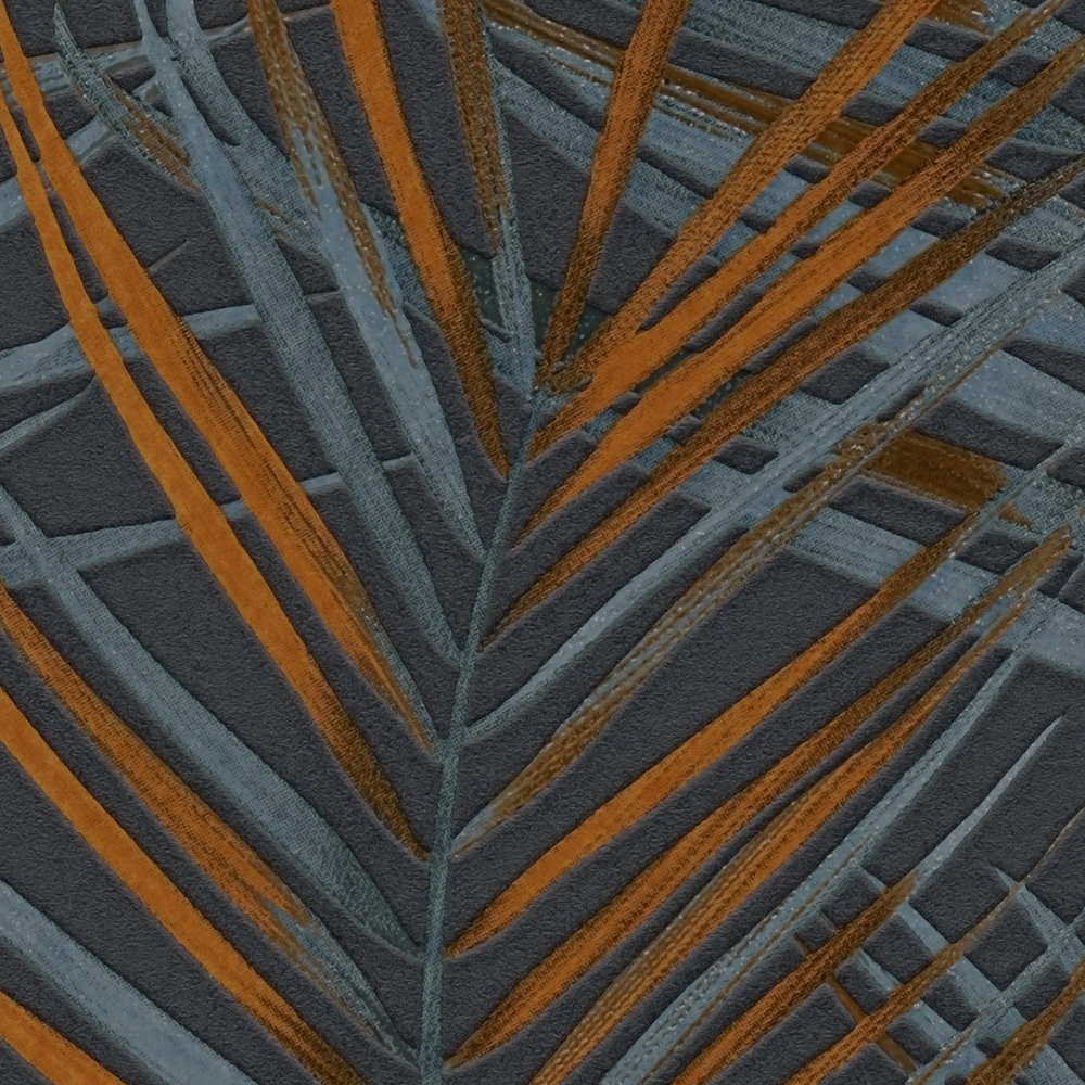             Dschungel Tapete mit Palmen Blätter in matt – Schwarz, Orange, Petrol
        