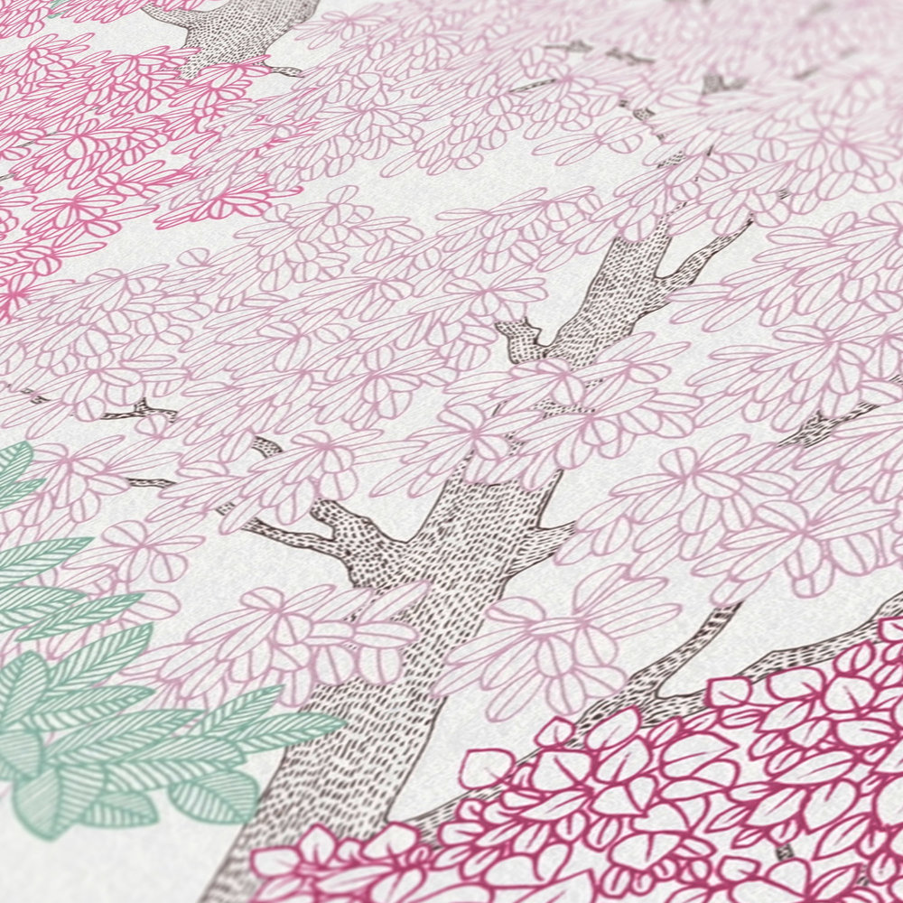             Tapete Wald Design im Zeichenstil mit Baumkronen – Rosa, Blau, Weiß
        