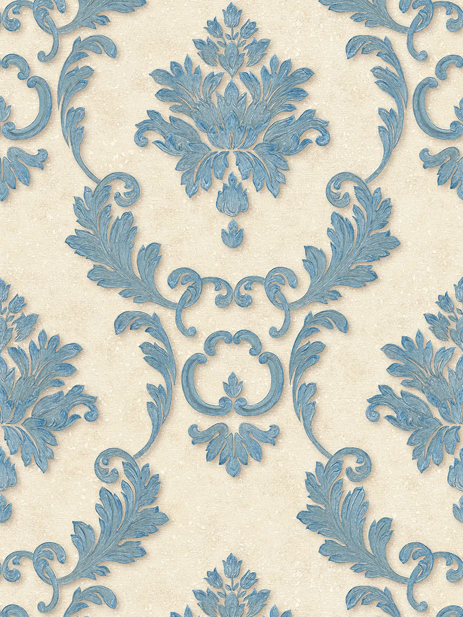 Designertapete florale Ornamente & Metallic-Effekt – Blau, Gold, Creme
