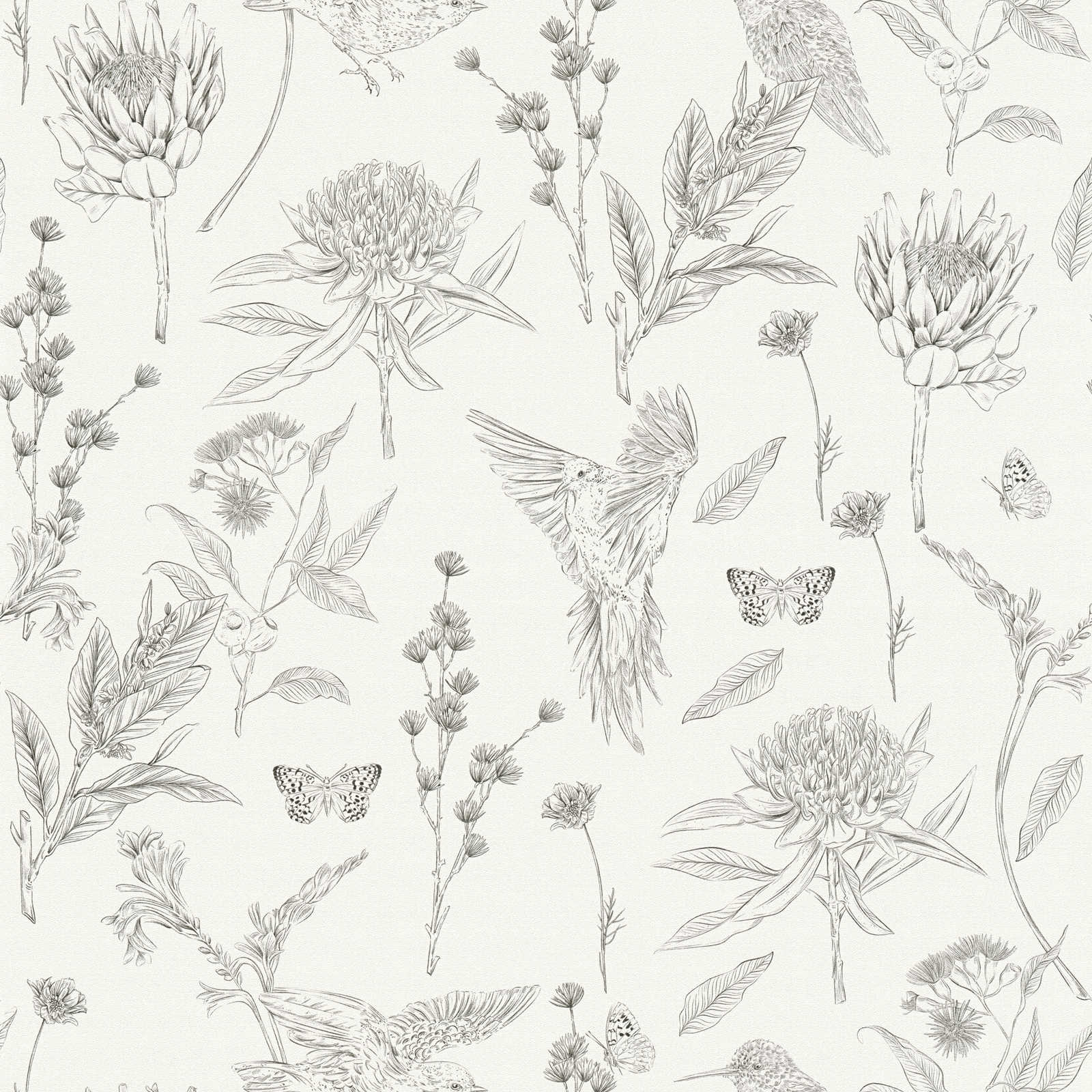 Tapete floral mit Blumen & Tieren strukturiert matt – Weiß, Schwarz
