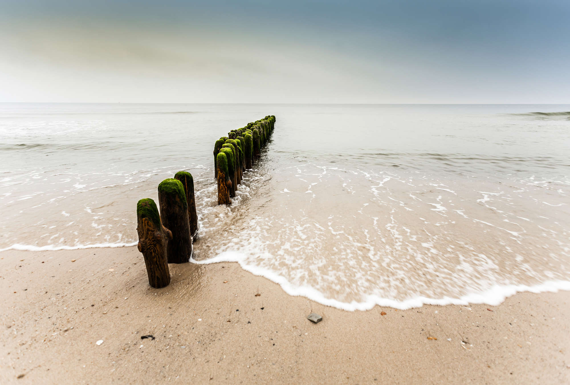             Fototapete Wellenbrecher – Holzpfähle im Meer
        