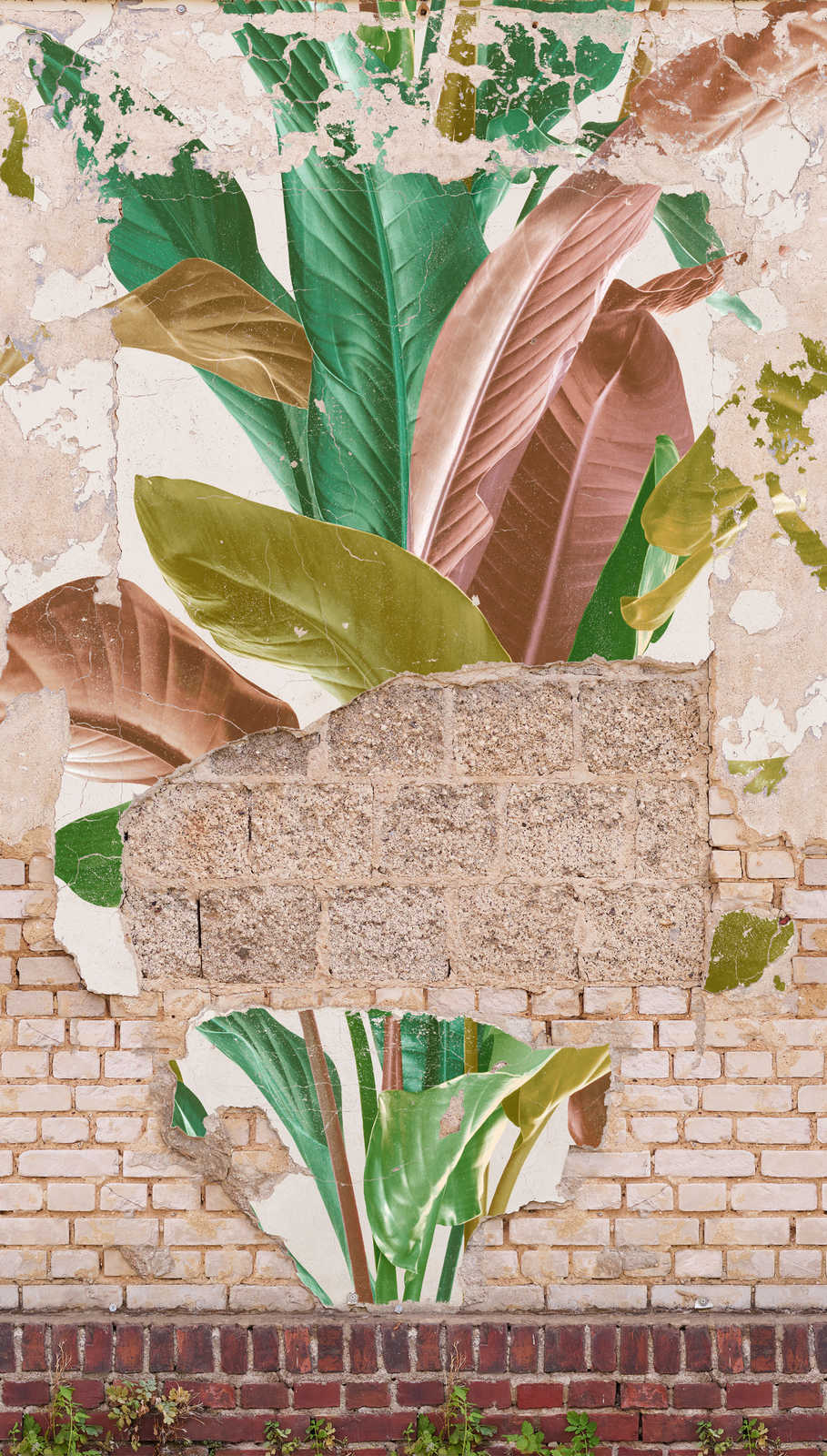             Steinoptik Tapete mit bunten Palmenblättern im Used Look – Beige, Braun, Grün
        