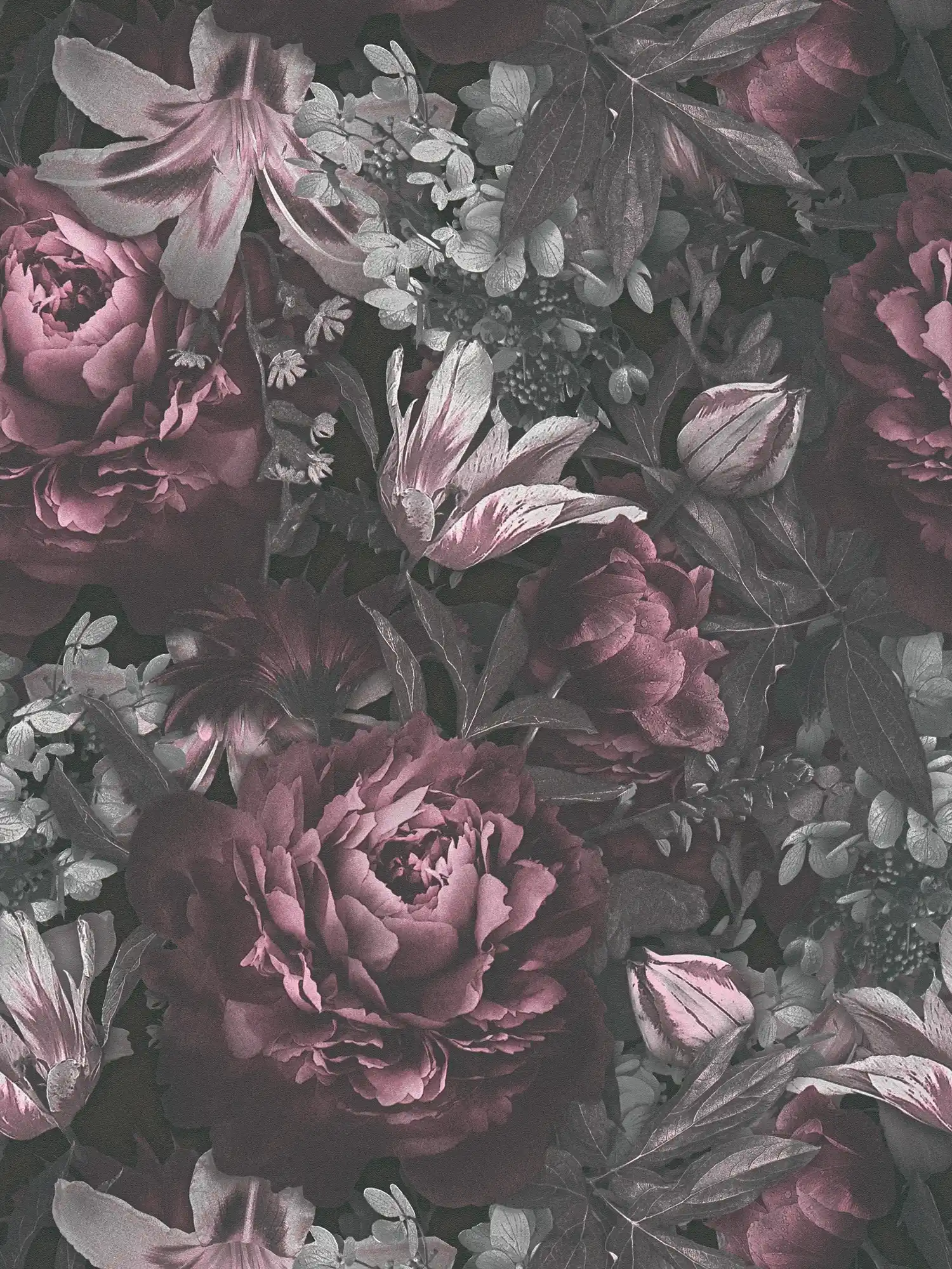 Rosen Tapete Blüten im Gemälde Stil – Grau, Rosa, Grün

