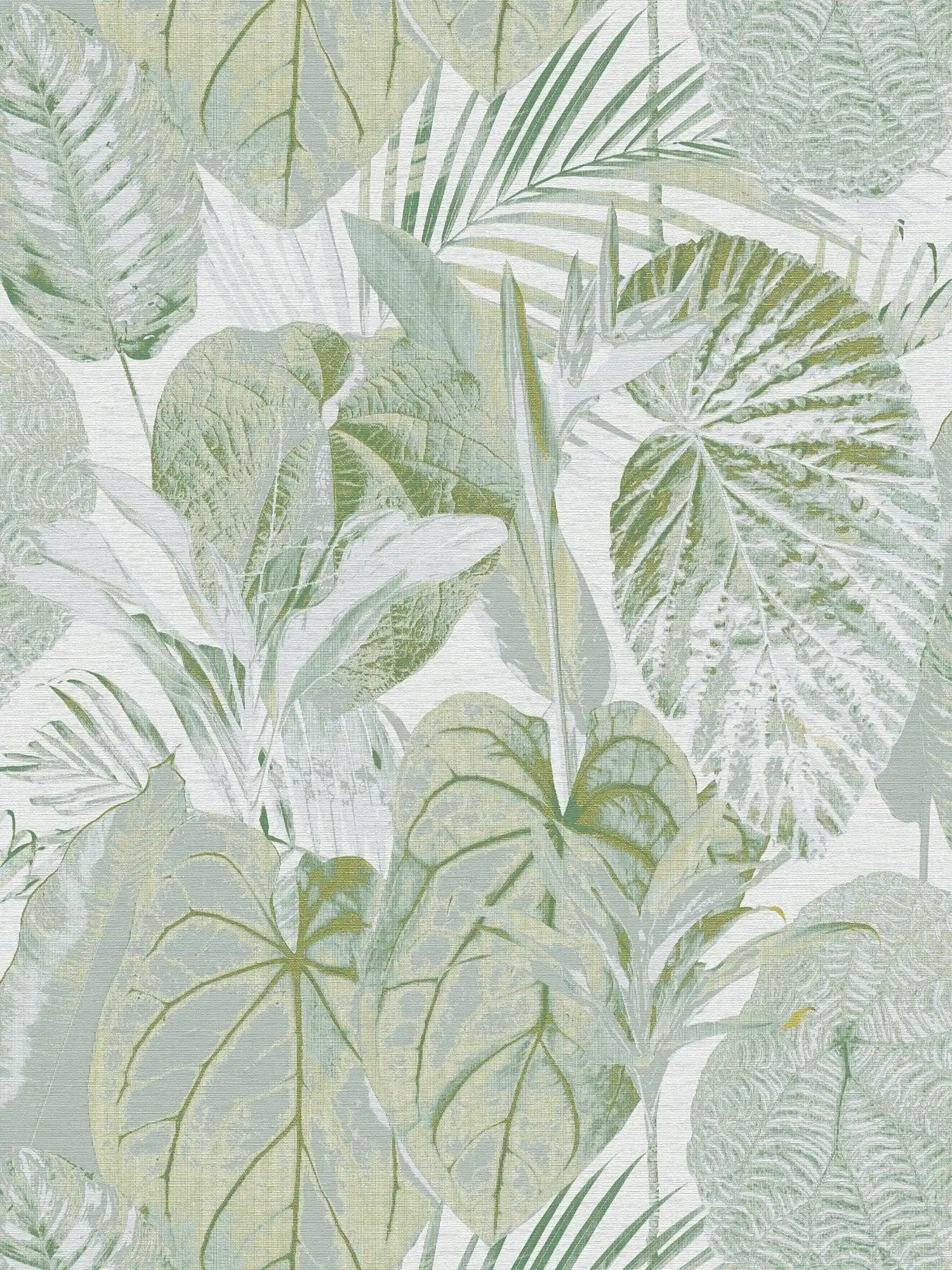 Tapete mit Blättern und Dschungelmuster leicht glänzend – Grün, Weiß, Grau
