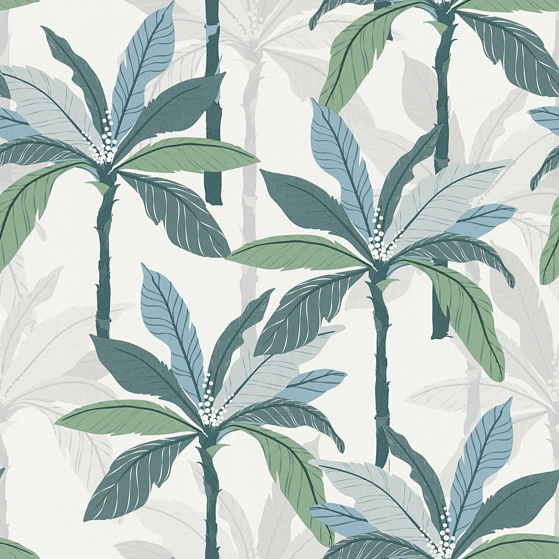 Tropen Tapete mit Palmen-Design - Blau, Grün, Weiß

