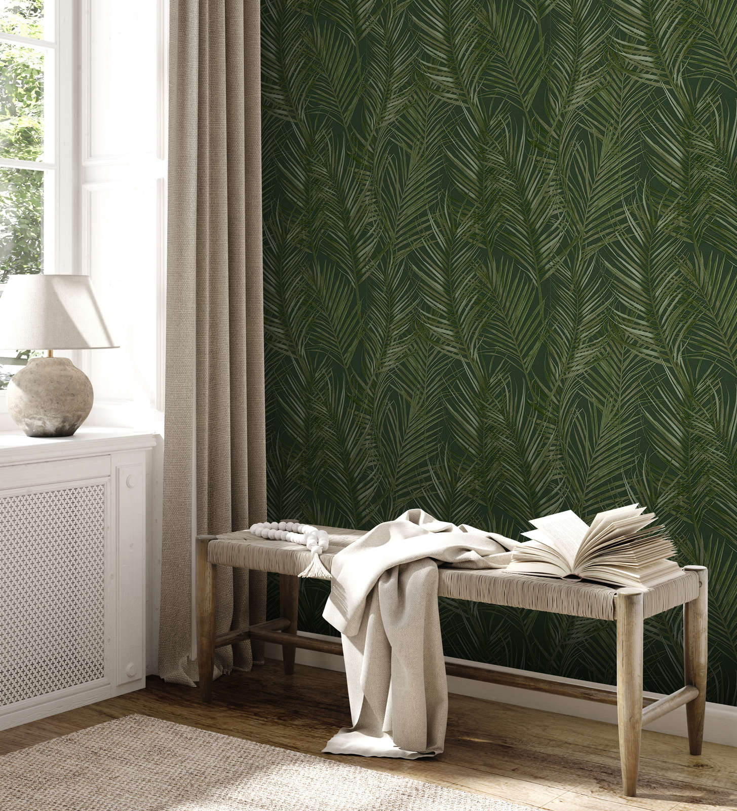             Vliestapete mit floralem Palmen Muster matt – Grün
        