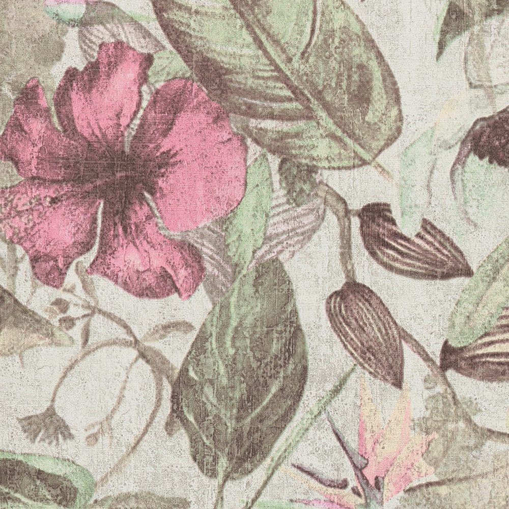             Tapete Blütenmuster, Tropen Stil & Textil-Optik – Rosa, Grün, Braun
        