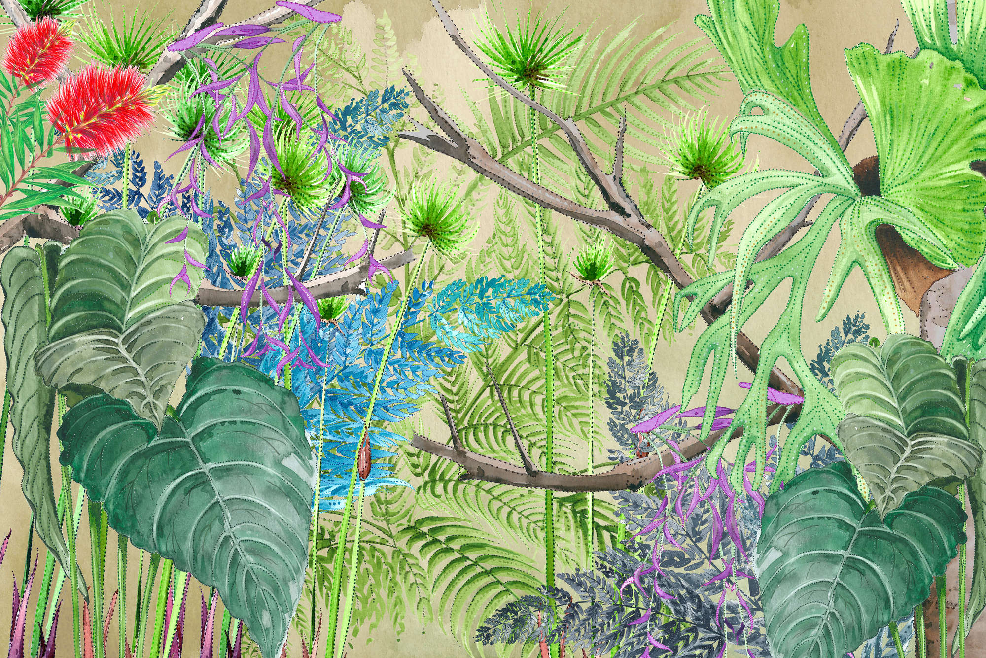             Dschungel Fototapete mit Blumen in Blau und Grün auf Perlmutt Glattvlies
        