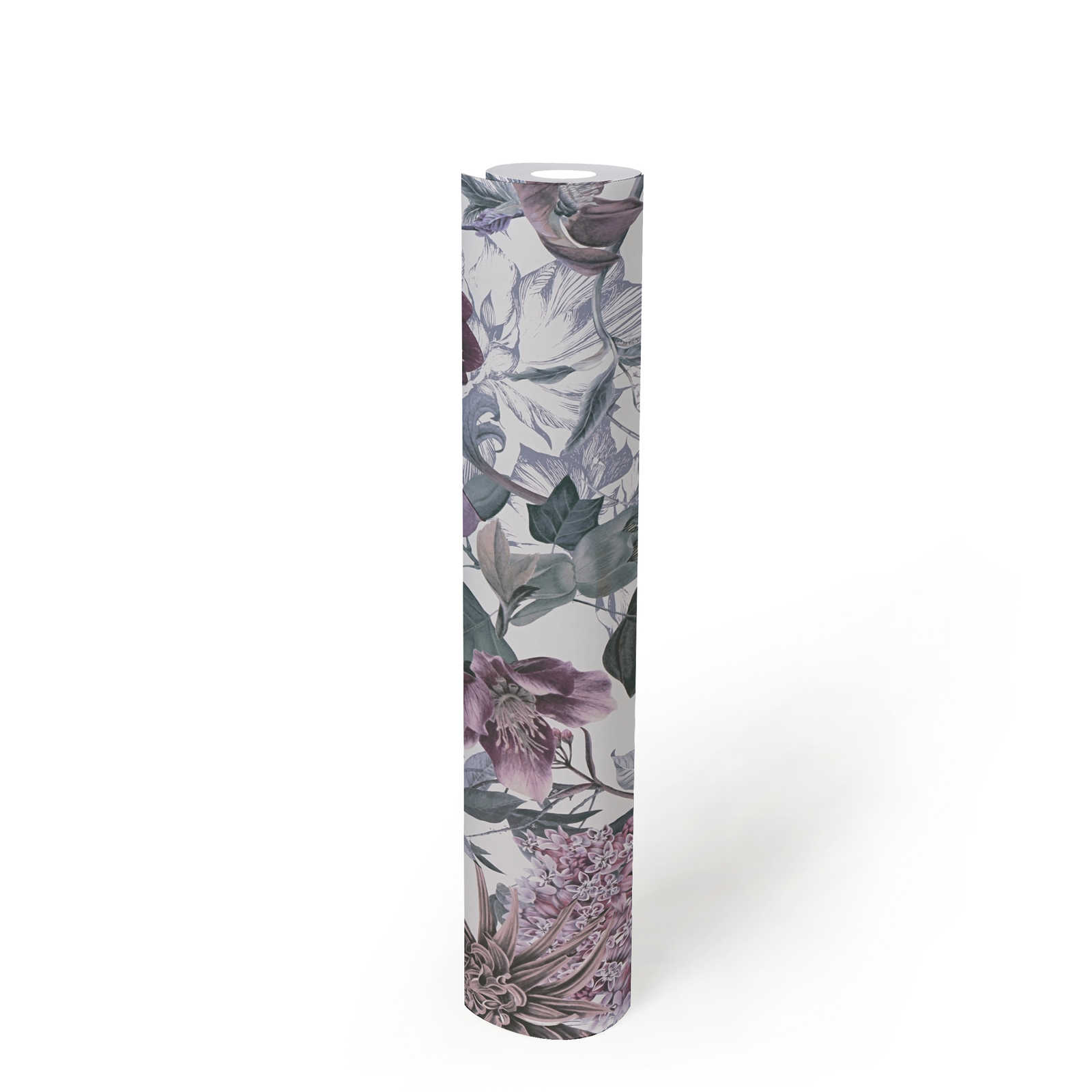             Florale Tapete Blumen Design mit Blättern – Rosa, Grau
        