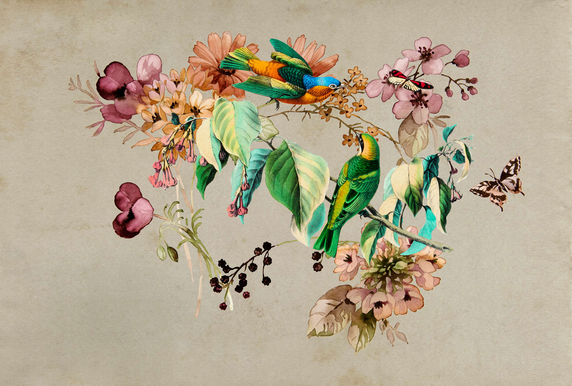             Love Nest 1 – Fototapete mit Aquarell Blüten & bunten Vögeln
        