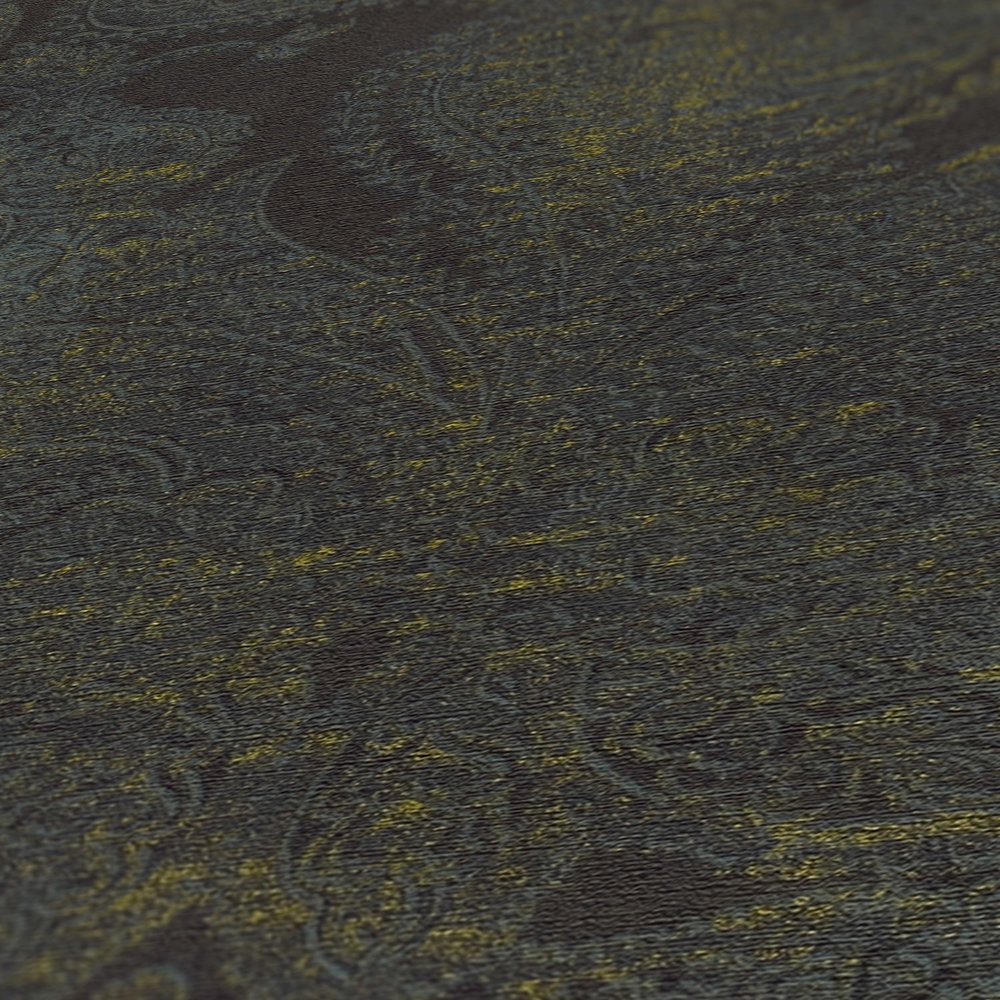             Vliestapete im Barockstil mit Ornamenten – Schwarz, Blau, Gelb
        