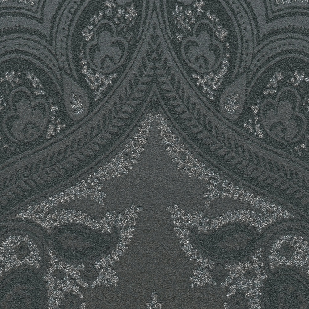             Schwarze Tapete mit Ornamentmuster & Silber Effekt – Metallic, Schwarz
        