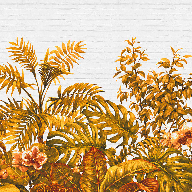 Fototapete Dschungelpflanzen & Steinwand – Orange, Weiß

