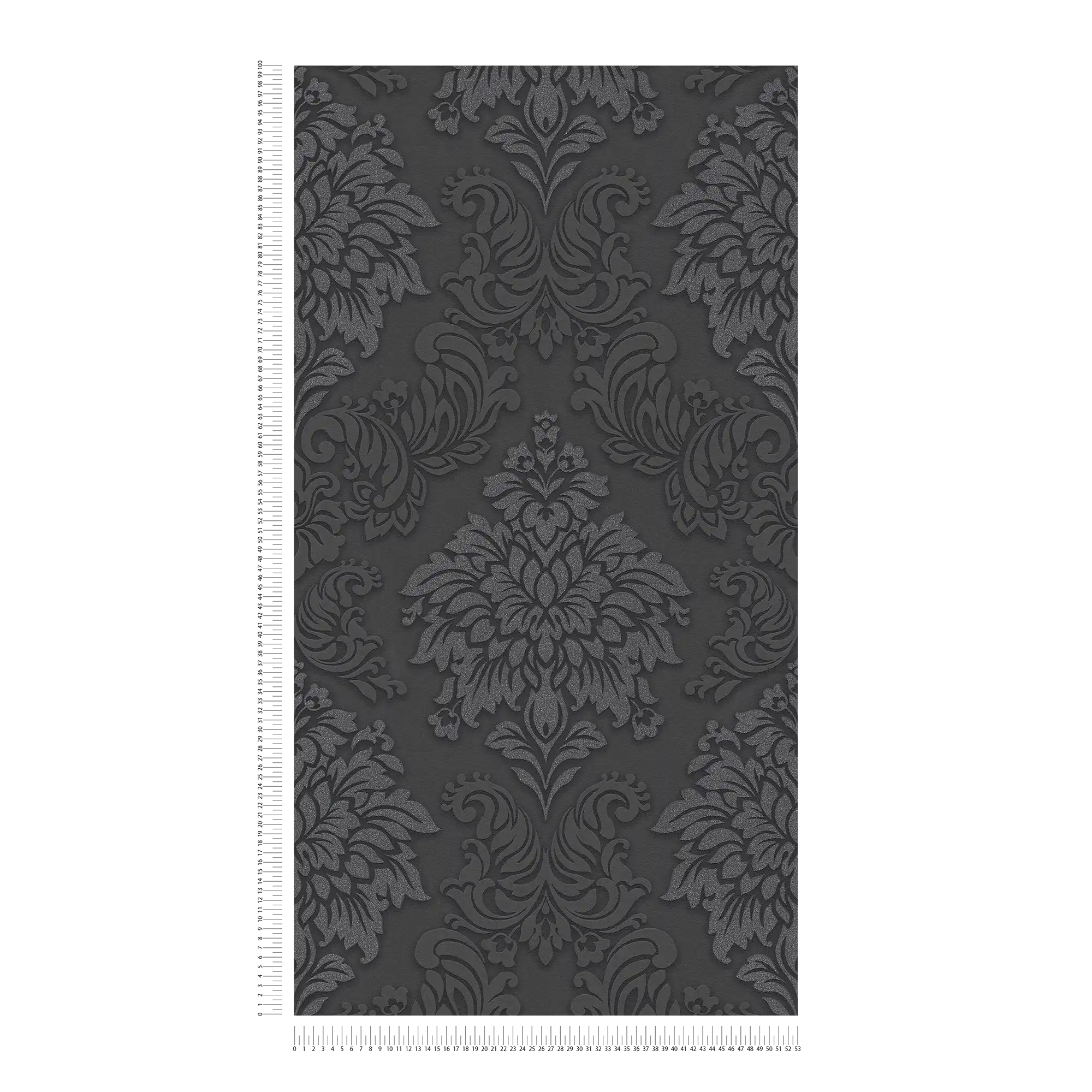             Barock Tapete Ornamente mit Glitzereffekt – Schwarz, Silber, Grau
        