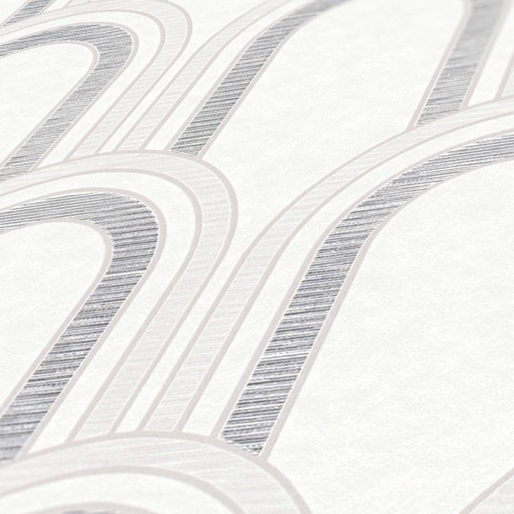             Vliestapete in Bogenoptik mit Glanzeffekt – Weiß, Grau, Silber
        