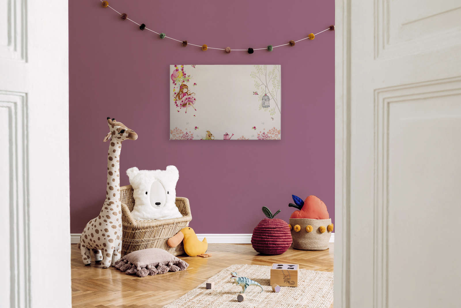             Leinwandbild Kinderzimmer mit Prinzessin auf Schaukel und Tieren – 0,90 m x 0,60 m
        