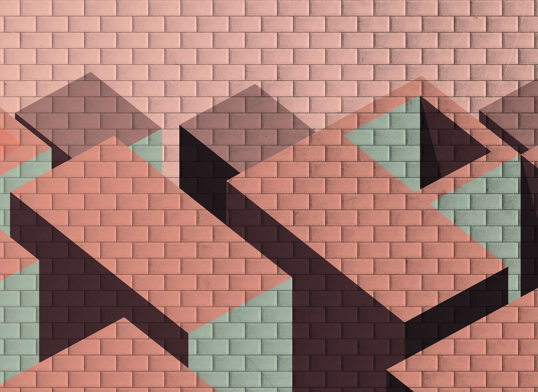             Fototapete Ziegelsteinmauer mit Block-Bemalung – Rot, Pink, Grün
        