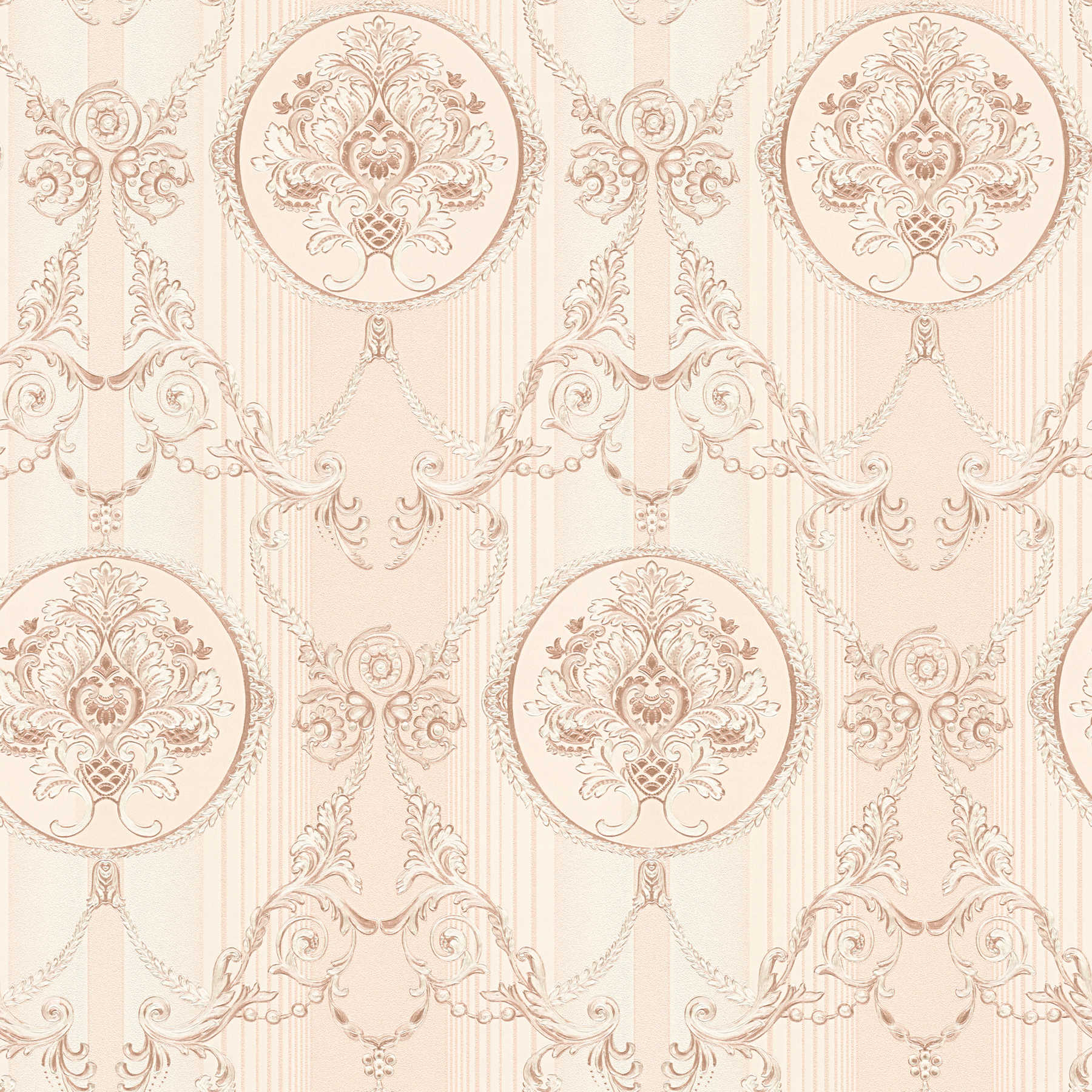         Neobarock Tapete mit Ornamentmuster & Streifen – Creme, Rosa
    