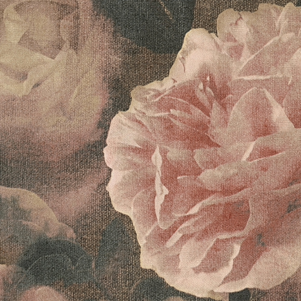             Blumentapete Rosen im Vintage Look – Rosa, Rot, Schwarz
        