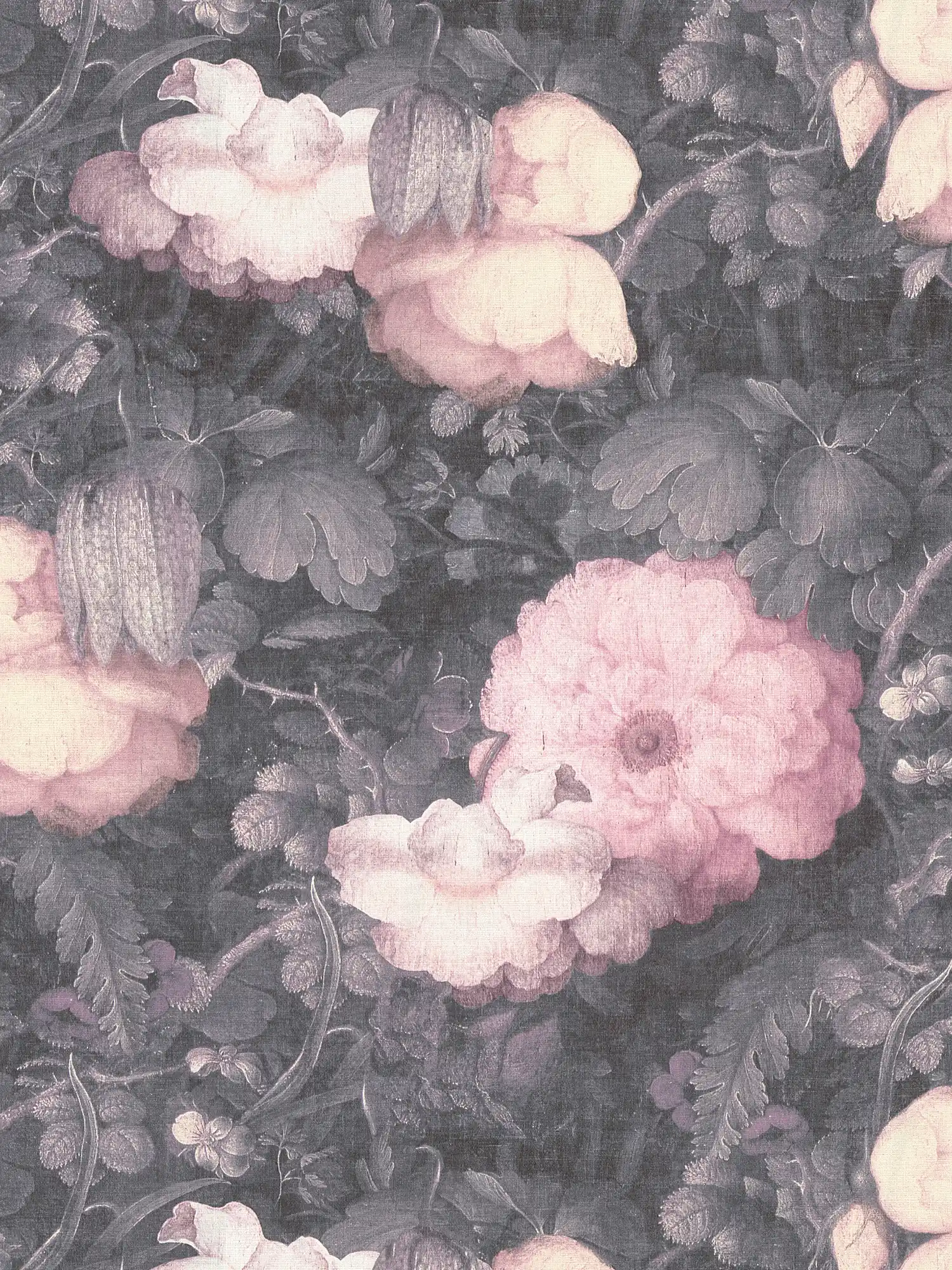         Blumentapete im Gemälde Stil, Leinwandoptik – Grau, Rosa, Schwarz
    