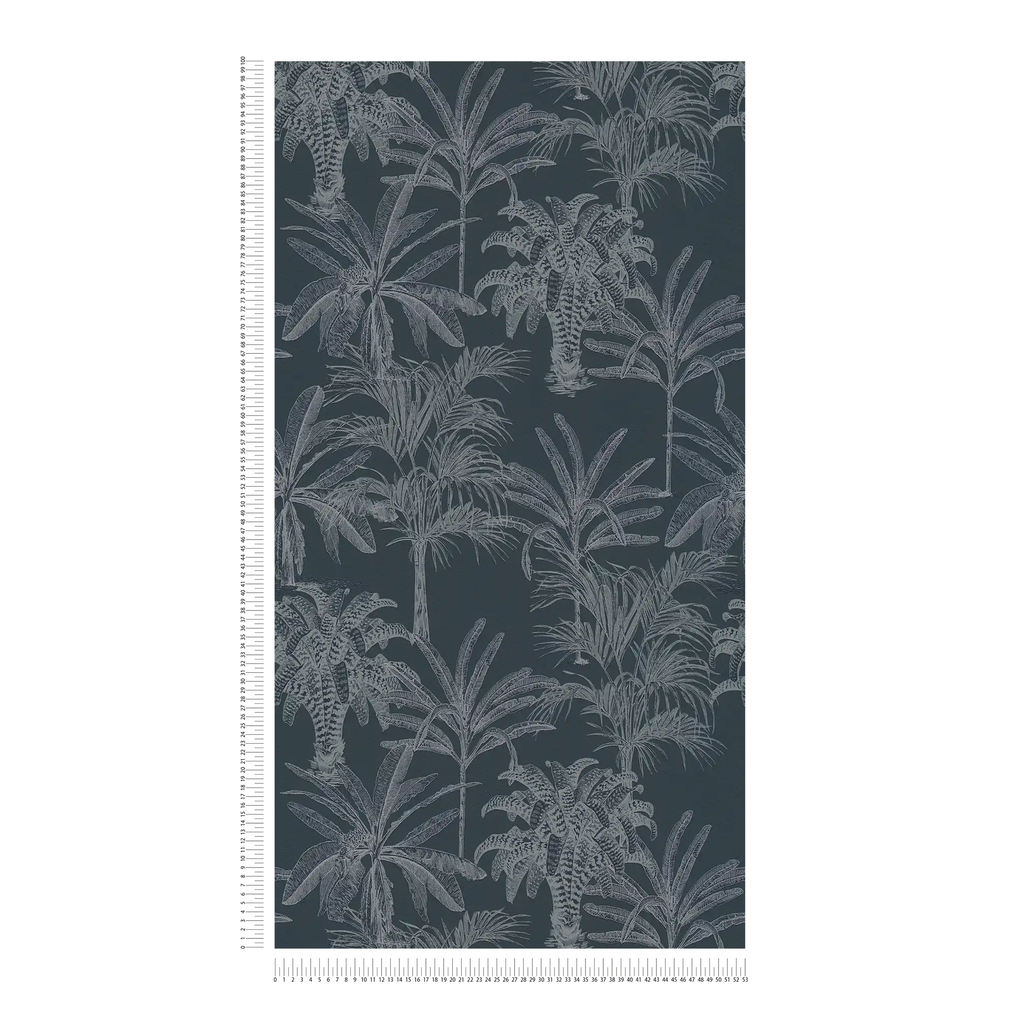             Vliestapete Dunkelblau Palmen Muster im Kolonial Stil – Blau
        