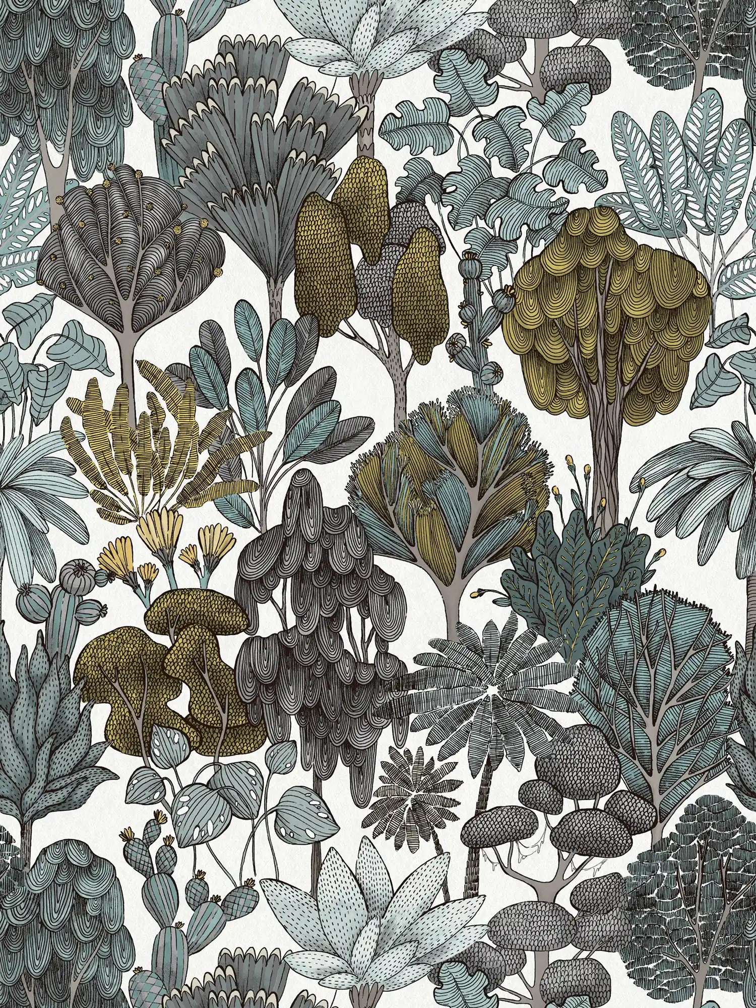         Tapete Grün Grau florales Muster im Doodle Stil – Grün, Grau, Gelb
    