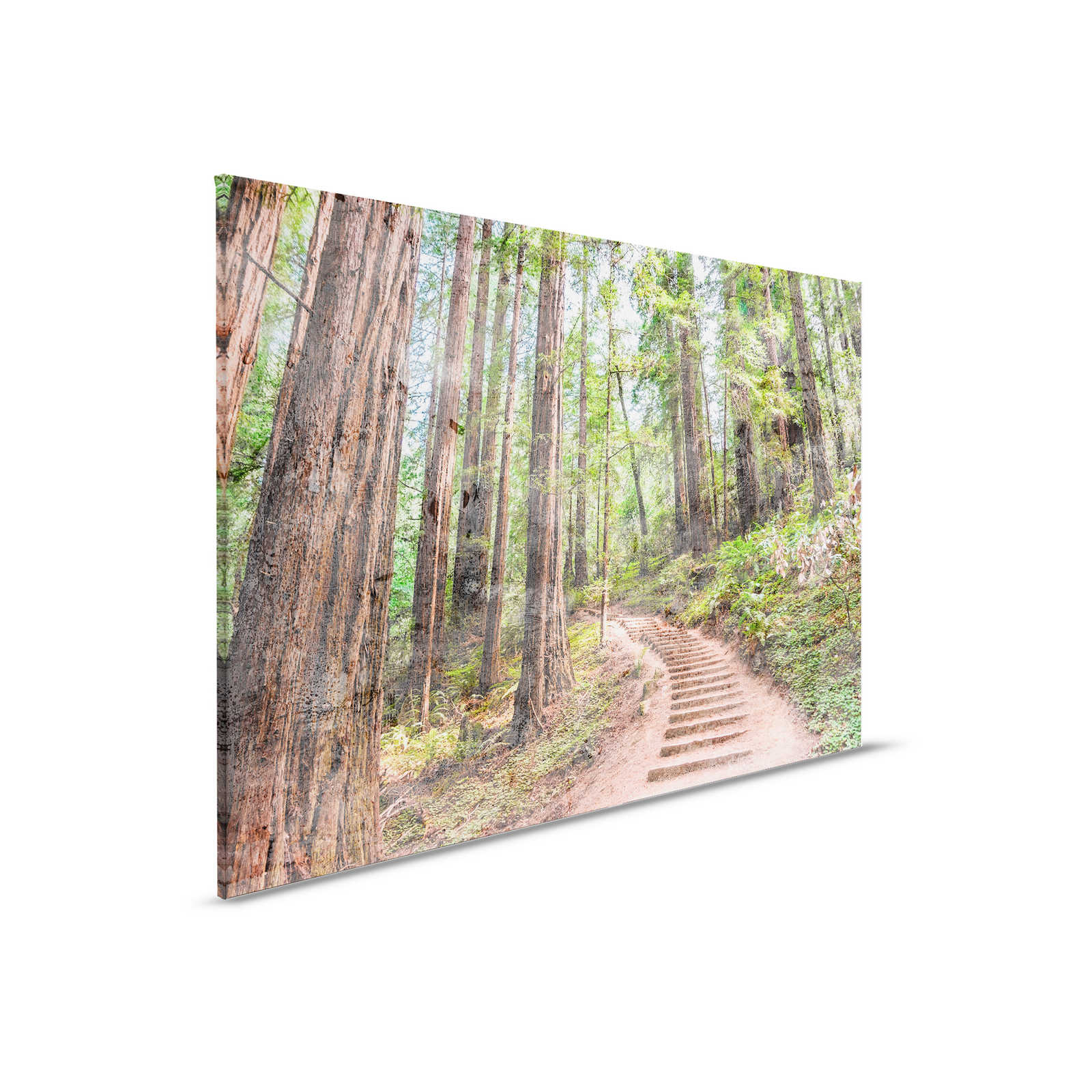 Leinwand mit Holztreppe durch den Wald | braun, grün, blau – 0,90 m x 0,60 m
