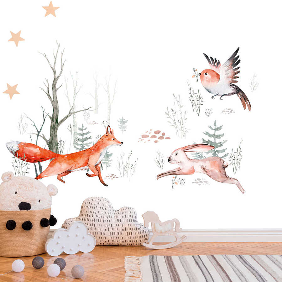 Fototapete mit Tieren im Wald fürs Kinderzimmer – Orange, Grün, Weiß

