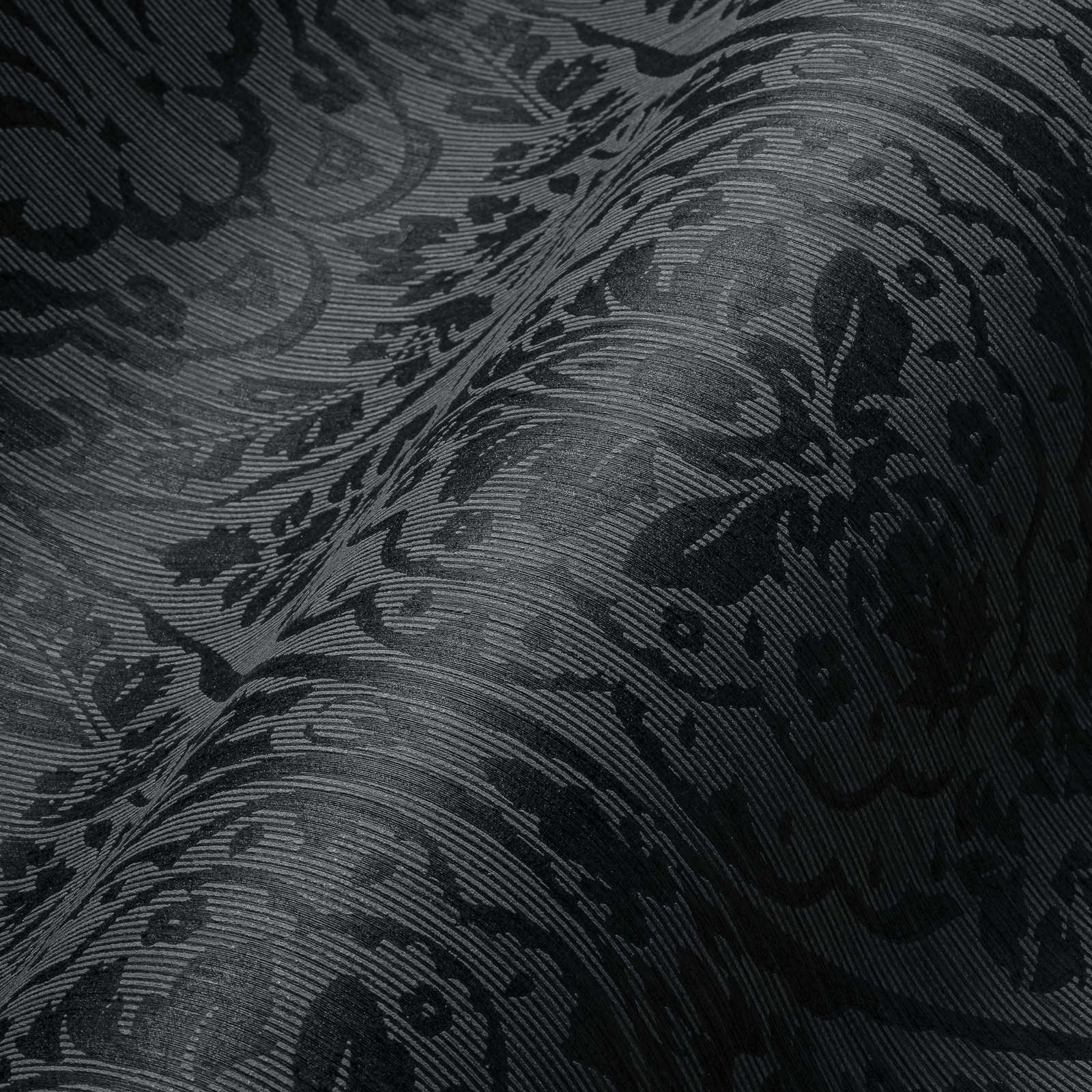             Florale Ornament Tapete im Kolonial Stil – Grau, Schwarz
        