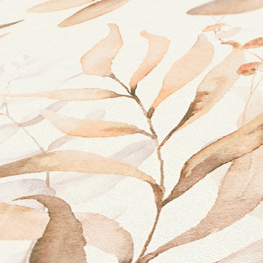             Vliestapete mit Aquarell Blatt-Motiv in warmen Farbtönen – Creme, Beige
        