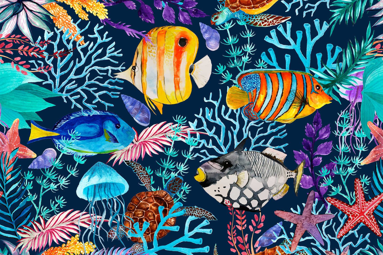             Unterwasser Leinwandbild mit bunten Fischen & Seesternen – 1,20 m x 0,80 m
        
