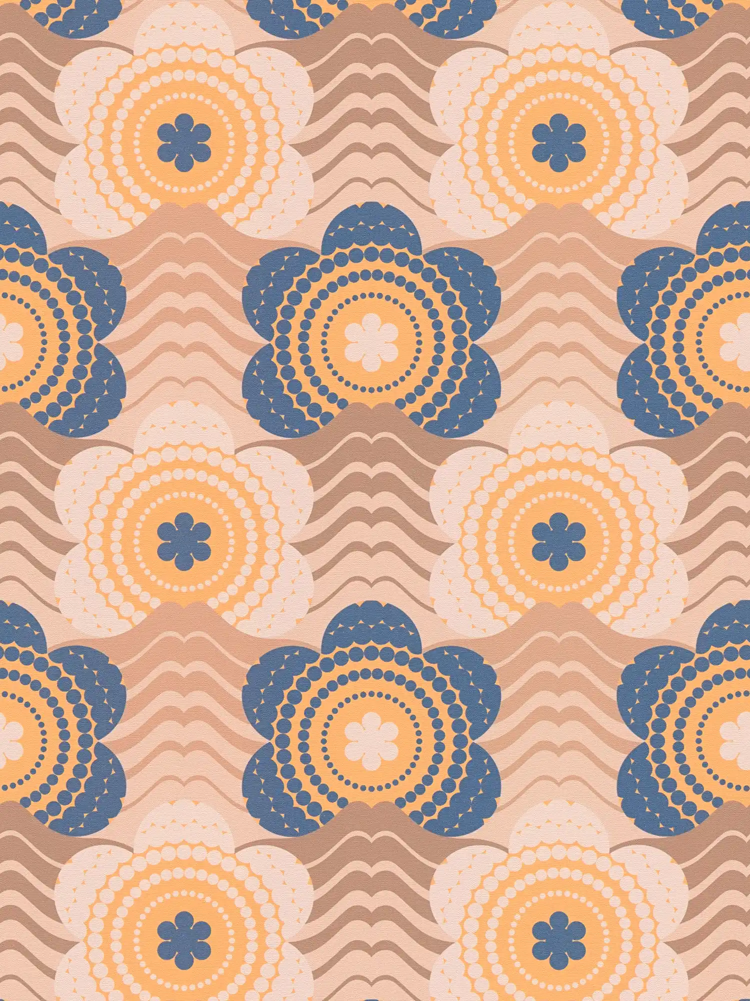 Leicht strukturierte Tapete mit Wellen und Blumen Bemusterung – Beige, Braun, Blau
