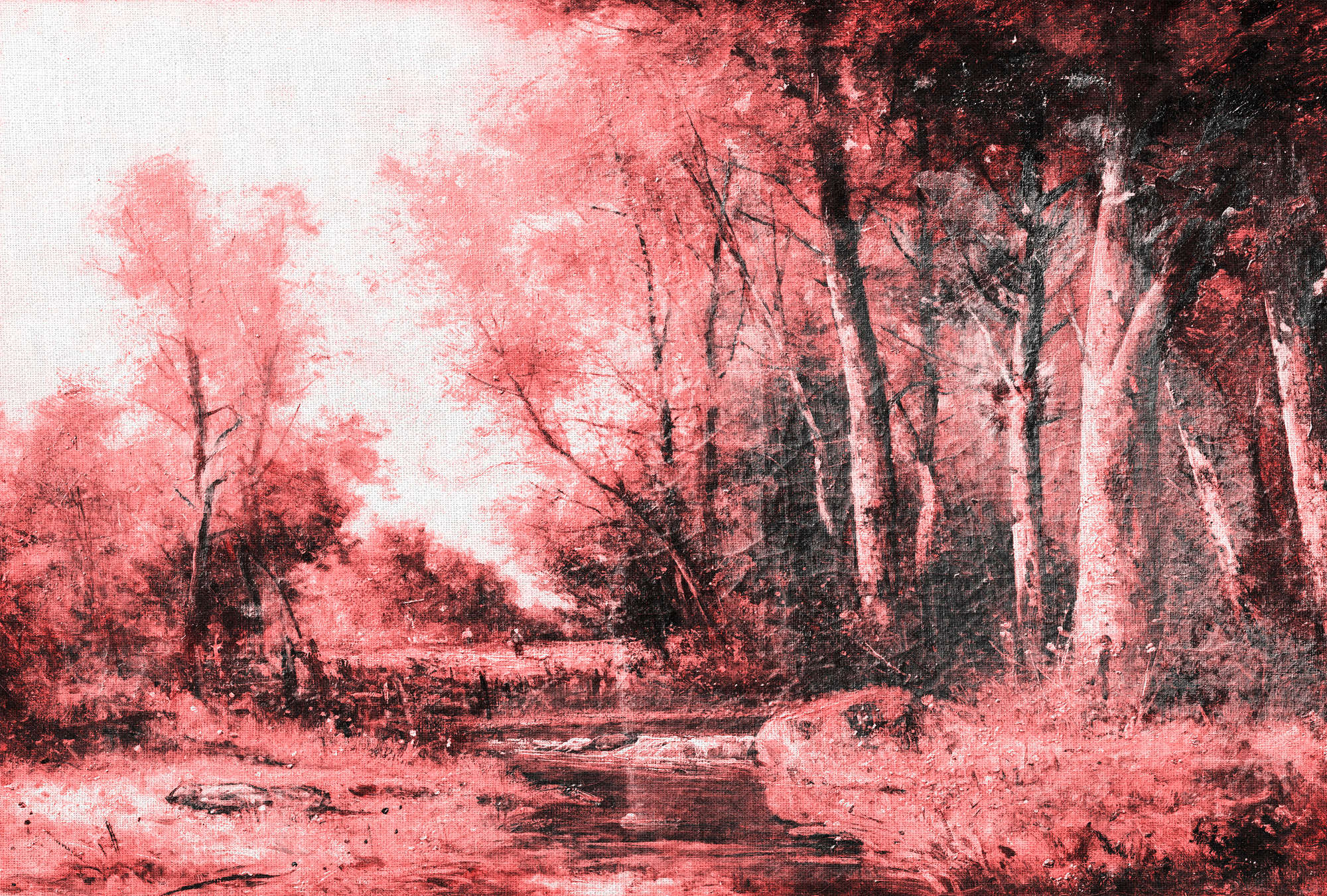             Fototapete Landschaft-Gemälde, Wald-Panorama – Rosa, Weiß, Schwarz
        