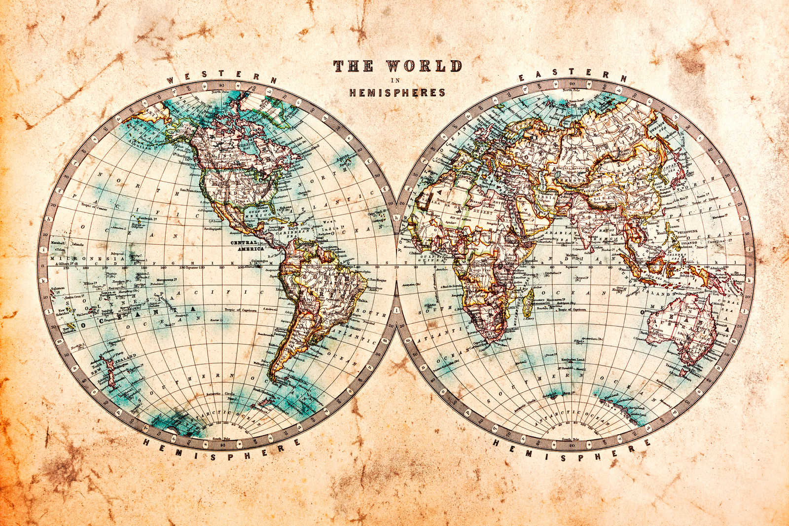             Leinwand mit Vintage Weltkarte in Hemisphären | braun, beige, blau – 0,90 m x 0,60 m
        