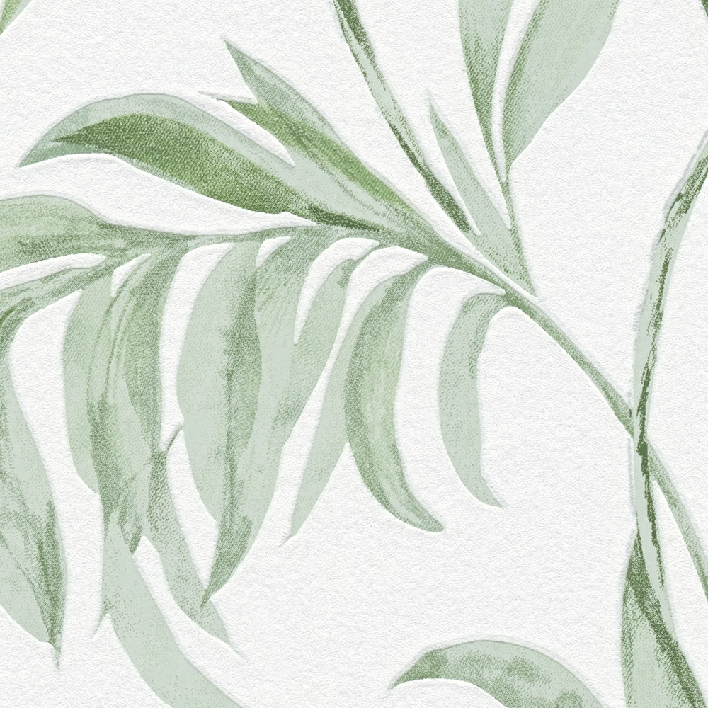             Blätterranken Tapete im Aquarell Stil – Grün, Weiß
        