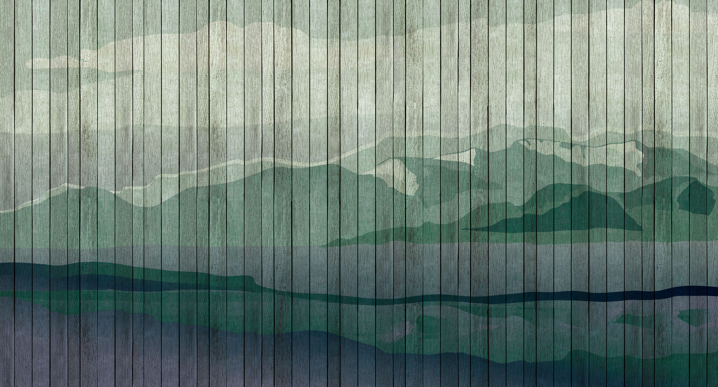             Mountains 3 - Moderne Fototapete Berglandschaft & Bretteroptik – Blau, Grün | Struktur Vlies
        