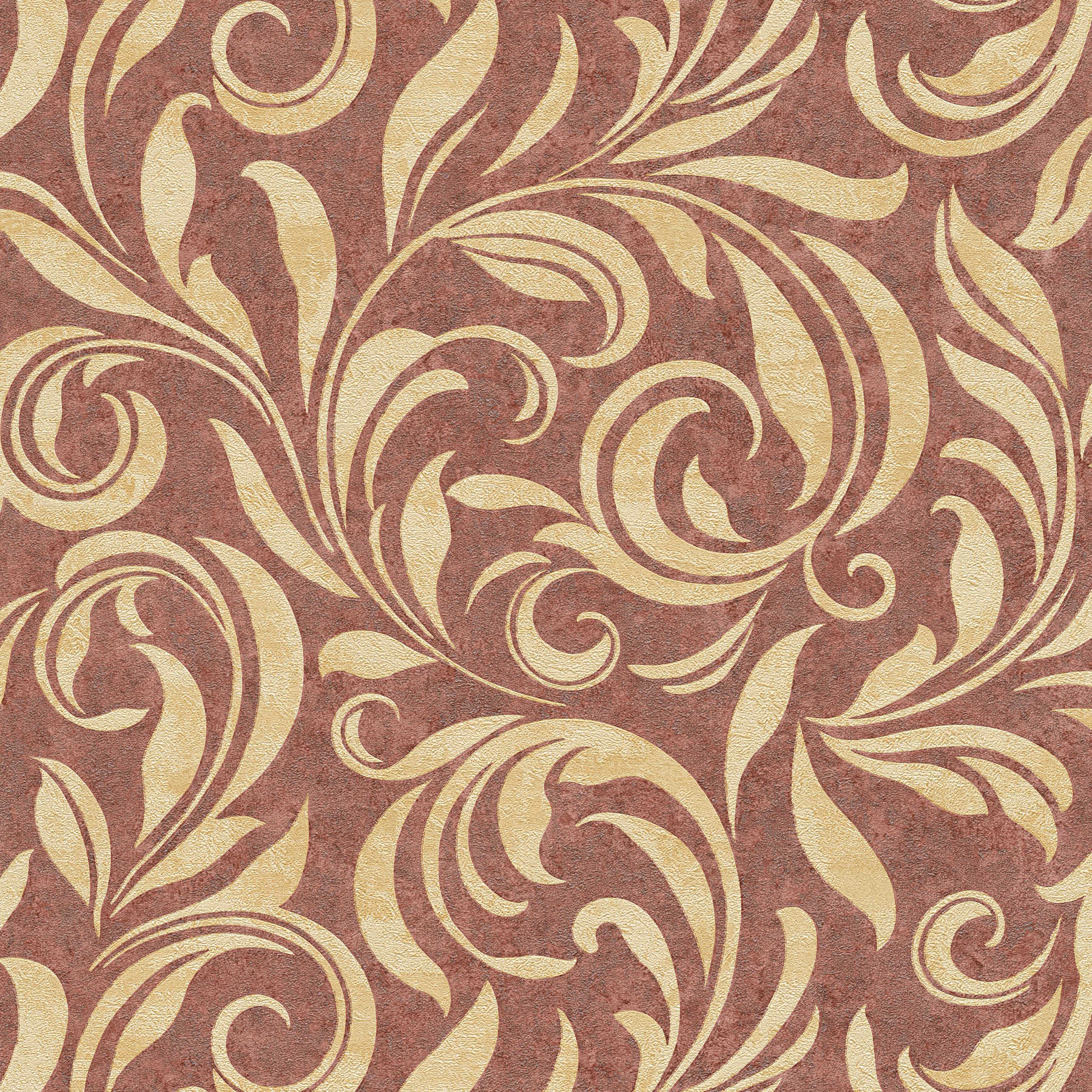 Ornamenttapete Metallic mit Struktur & Farbschraffur – Rot, Gold, Beige
