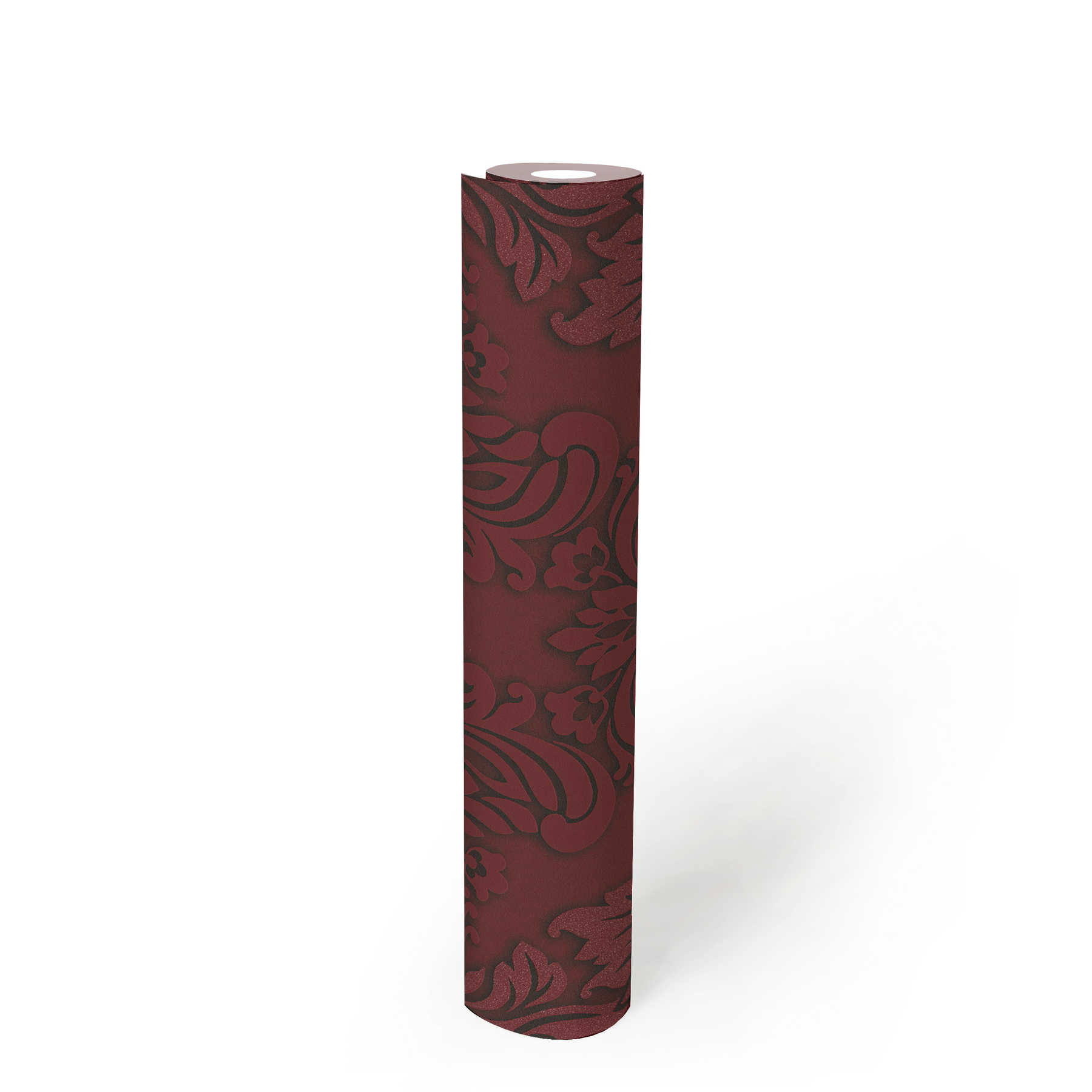             Barock Tapete Ornamente mit Glitzereffekt – Rot, Silber, Schwarz
        
