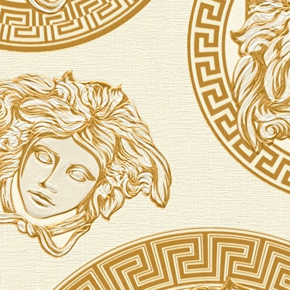             VERSACE Tapete Gold Design mit Medusa Emblem – Creme
        