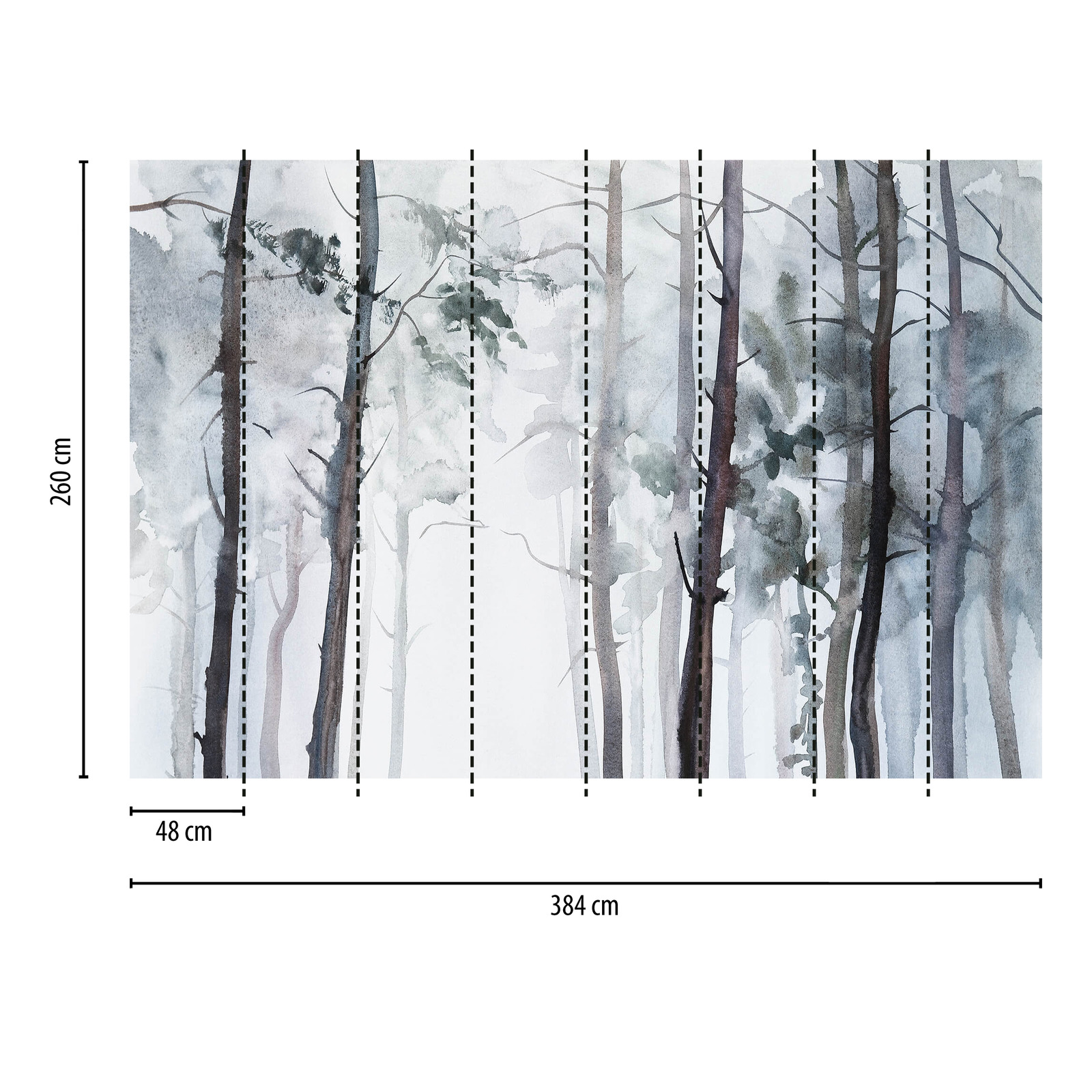             Fototapete nebeliger Wald – Blau, Grau, Weiß
        