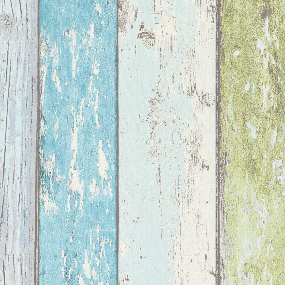             Holz-Tapete mit Used Optik für Vintage & Landhausstil – Blau, Grün, Weiß
        