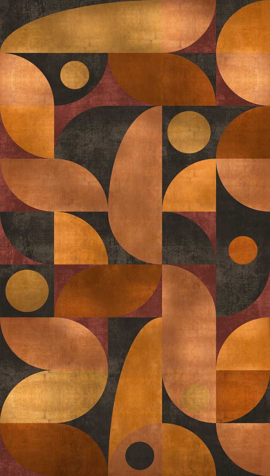             Vliestapete in warmen Farbtönen mit grafischen runden Muster – Orange, Braun, Rot
        