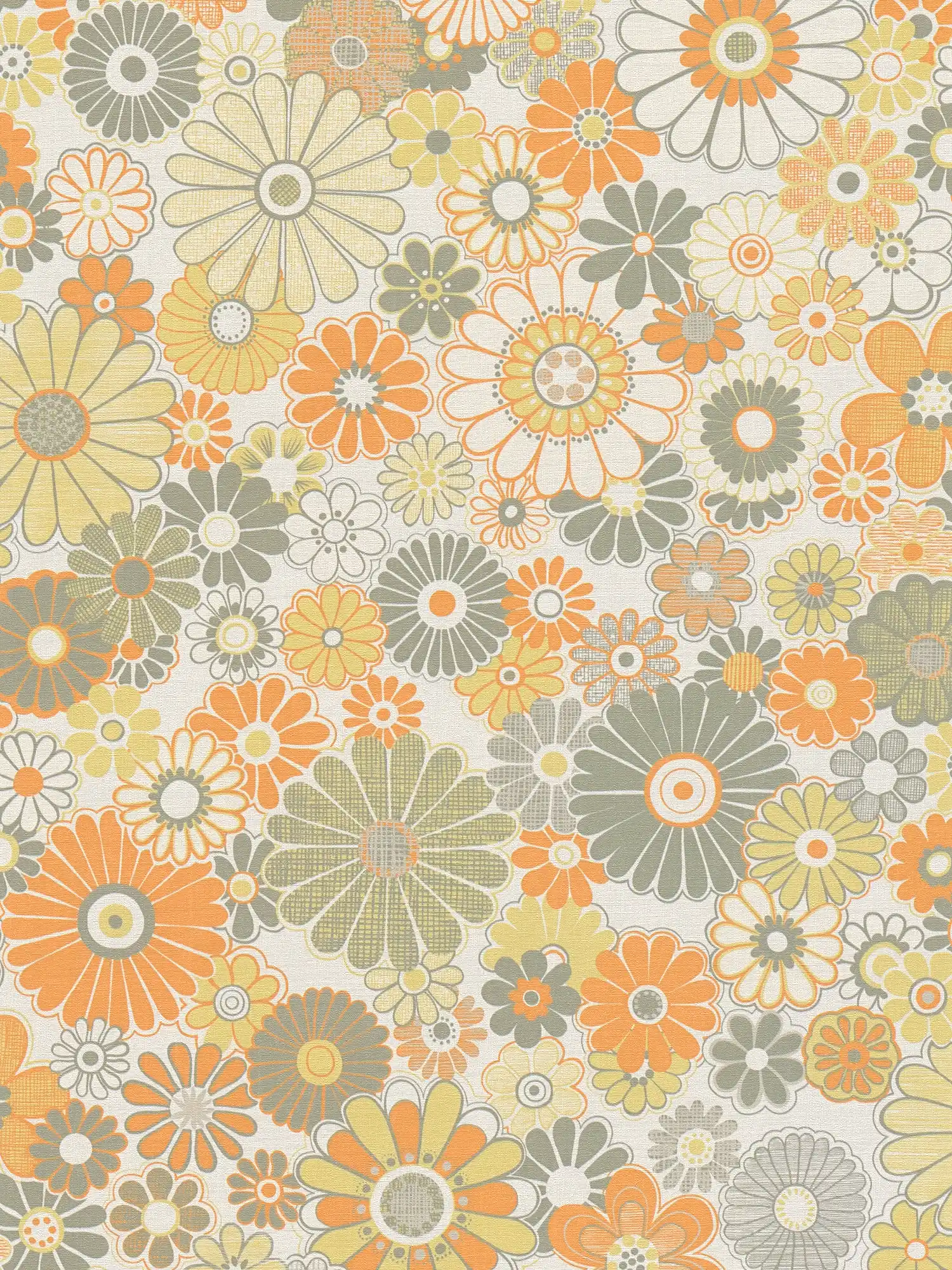 Leicht strukturierte Blumen Tapete im Retro Stil – Orange, Grün, Weiß

